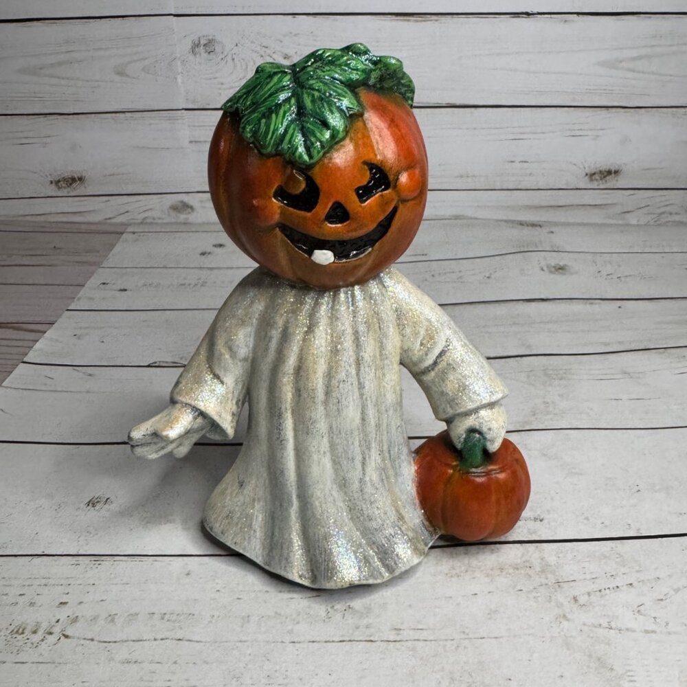 Pumpkin Head Ghost Figurine Jack O Lantern Halloween Decor 1995 Handmade 6.5"